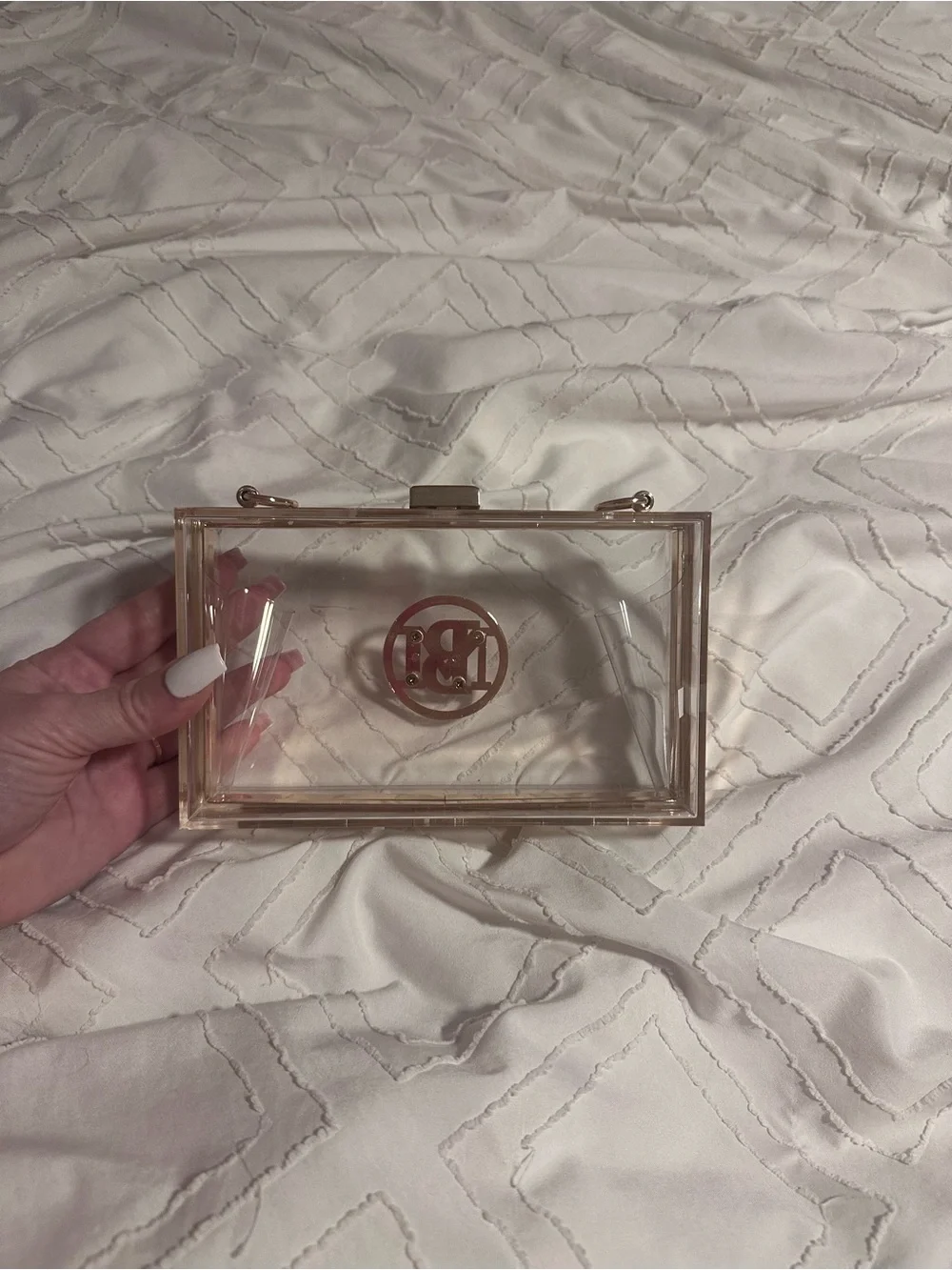 Clear Acrylic Monogram Box Clutch - Rose Gold Trim